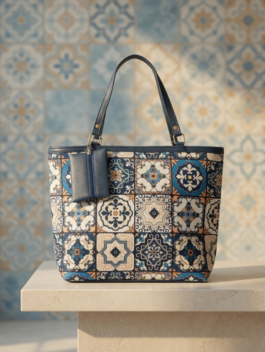 Vintage Tile Print Tote Bag